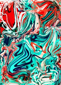 Dynamic abstract artwork featuring vibrant swirls of red, teal, and white, creating a sense of movement and energy.